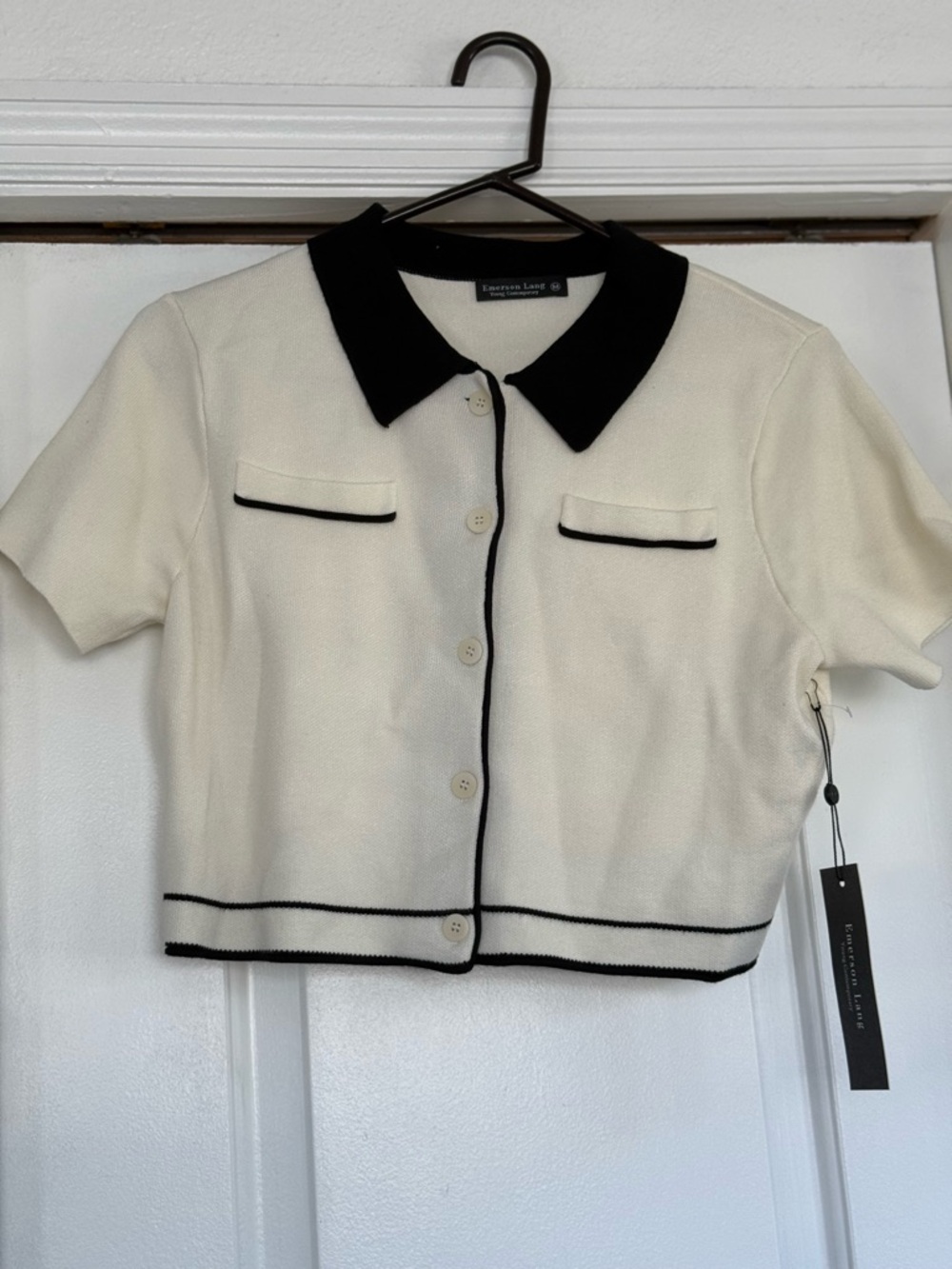 Expresso Lane Cream Short-Sleeve Knit Cardigan with Black Trim